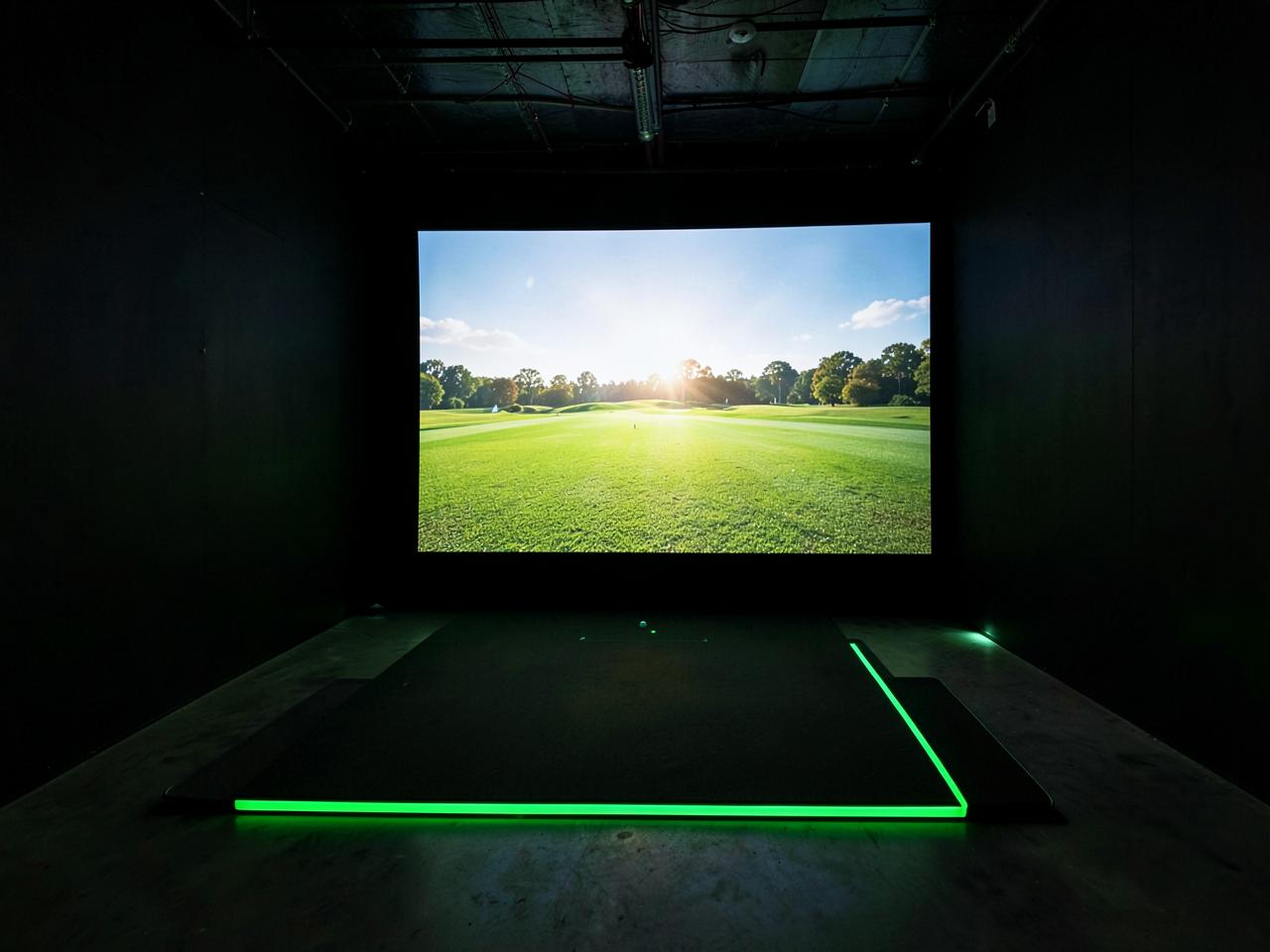 A blacked out golf simulator bay with a projected fairway and green LED lighting